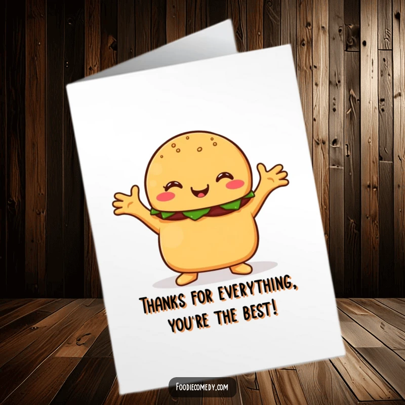 Funny free printable thank you card: a happy burger with hands outstretched wide, ready for a hug.