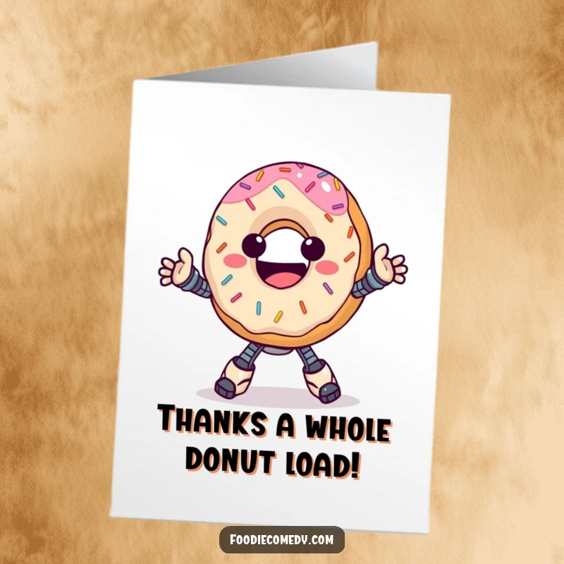 Funny Free Printable Thank You Card: A happy donut with sprinkles performs a robot dance, offering thanks.