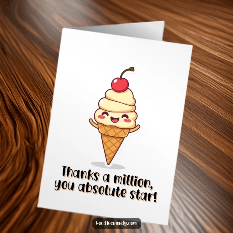 Funny free printable thank you card: a giggling ice cream cone with a cherry on top, spinning happily.