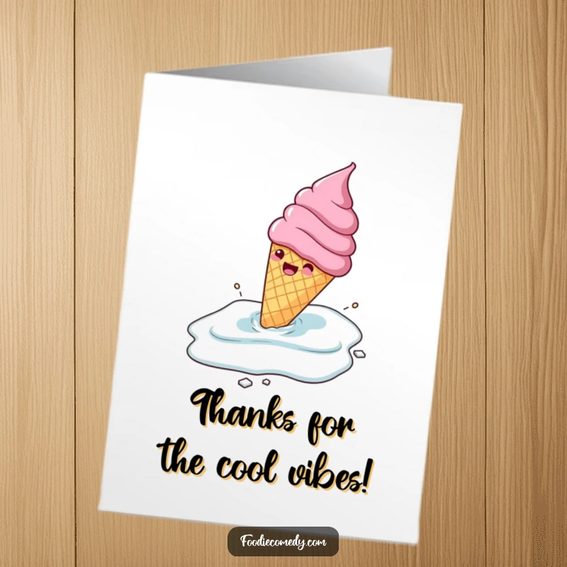 Funny Free Printable Thank You Card: Gleeful ice cream cone character sliding across a frozen surface, expressing thanks.