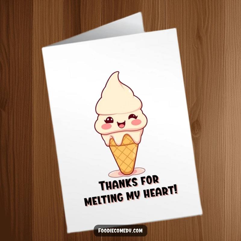 Funny Free Printable Thank You Card: A happy ice cream cone melts slightly, showing pure joy and thanks.
