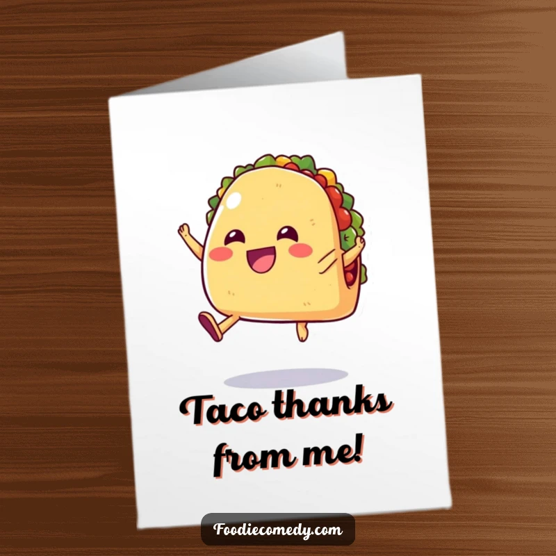 Funny Free Printable Thank You Card: A cheerful taco with stubby legs jumping enthusiastically in the air.