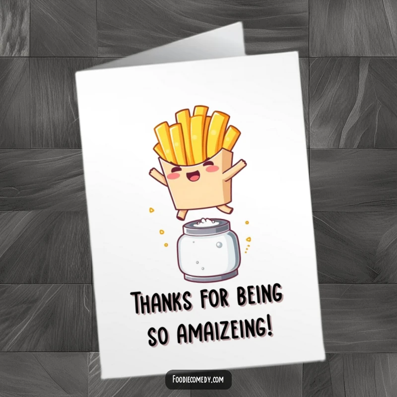 Funny Free Printable Thank You Card: Kawaii french fry character mid-air, leaping over a salt shaker with a grin.