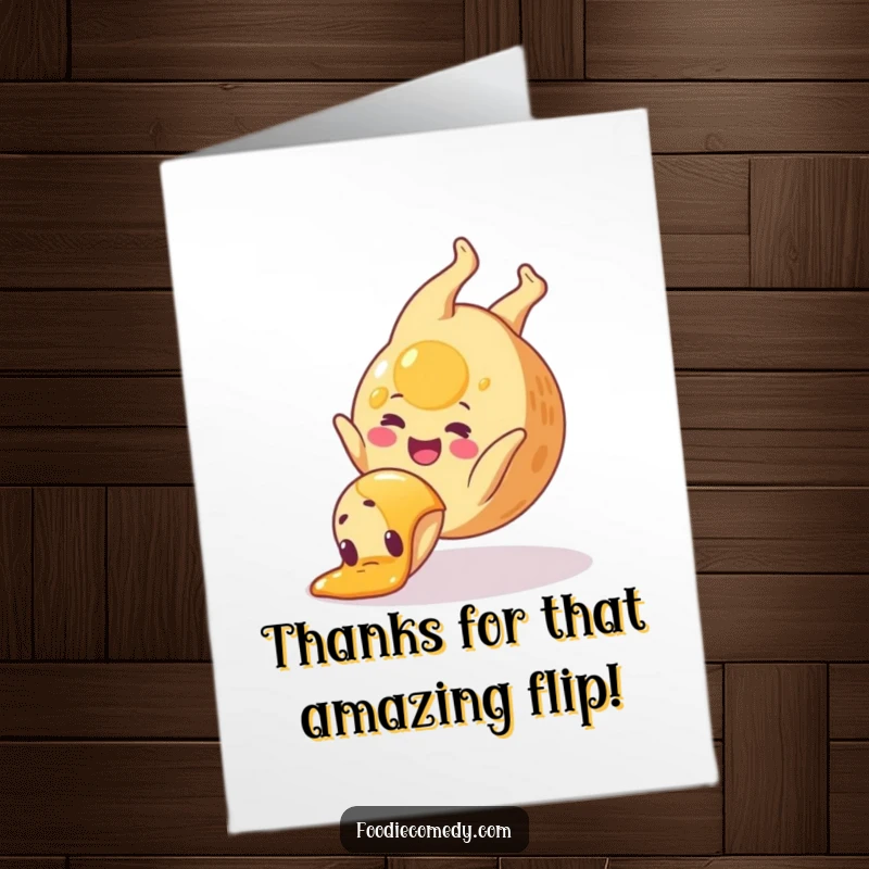 Funny Free Printable Thank You Card: A happy pancake does a somersault, sending syrup drips as thanks.
