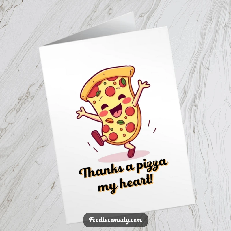 Funny Free Printable Thank You Card: A pizza slice breakdances enthusiastically, topped with toppings expressing thanks.