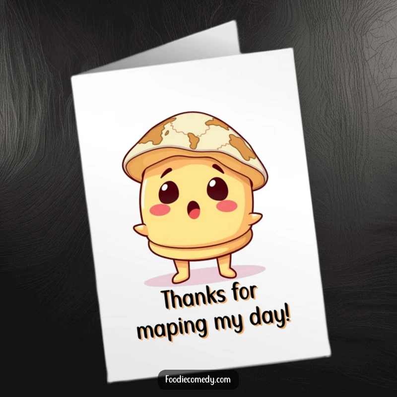 Funny Free Printable Thank You Card: A surprised pancake character wearing a map as a hat, expressing thanks humorously.