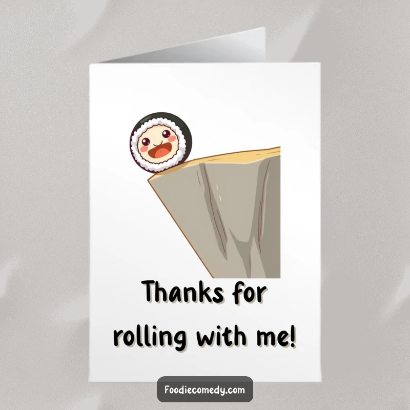 Funny Free Printable Thank You Card: A smiling sushi roll with dot eyes doing a happy dive off a cliff edge.