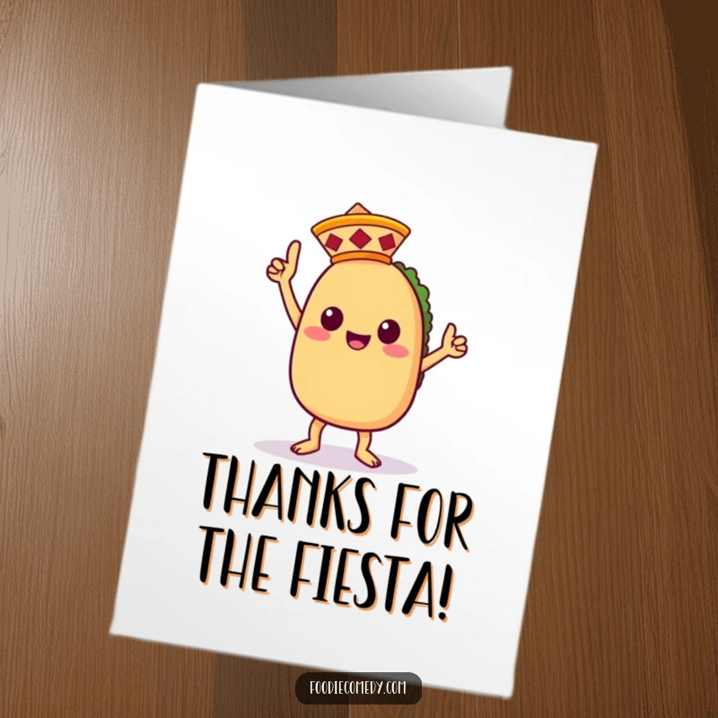 Funny Free Printable Thank You Card: Kawaii taco in a sombrero, doing a joyful victory dance.