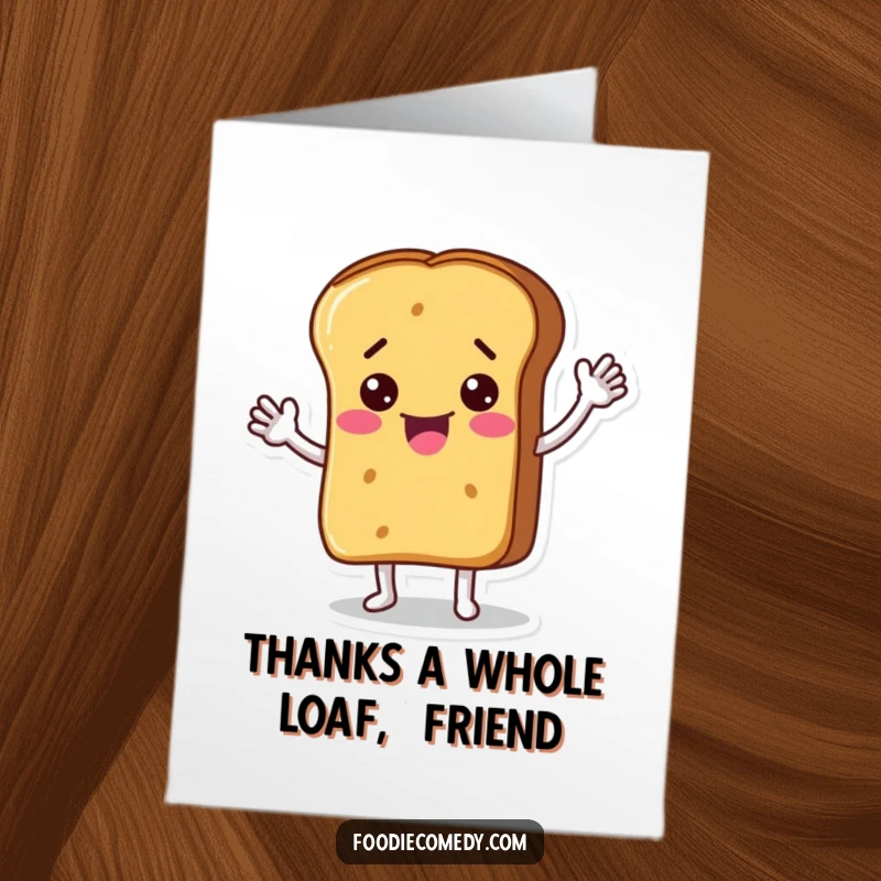 Funny Free Printable Thank You Card: A friendly bread loaf character waving to say thank you.