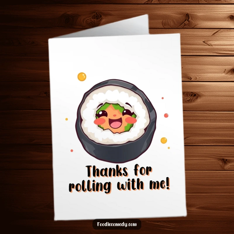 Funny Free Printable Thank You Card: A sushi roll twirling joyfully to express thanks.
