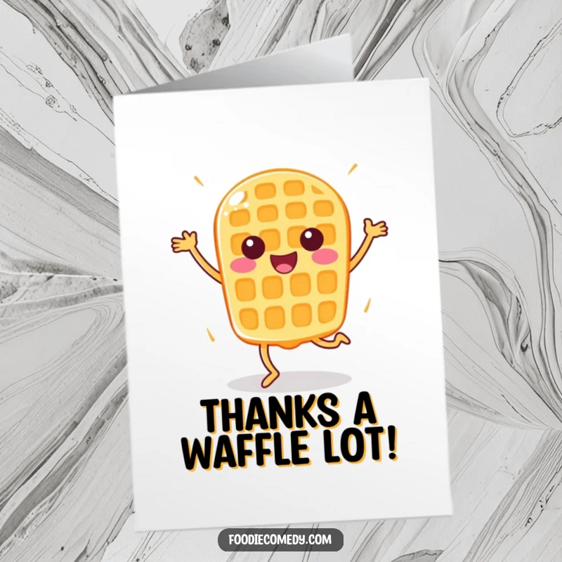 Funny Free Printable Thank You Card: Happy waffle doing a bouncy aerobic routine, a thankful breakfast treat with vibrant motion.
