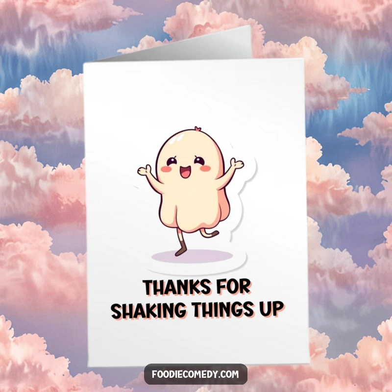 Funny free printable thank you card with a wobbly jelly character doing a lively and amusing jig.