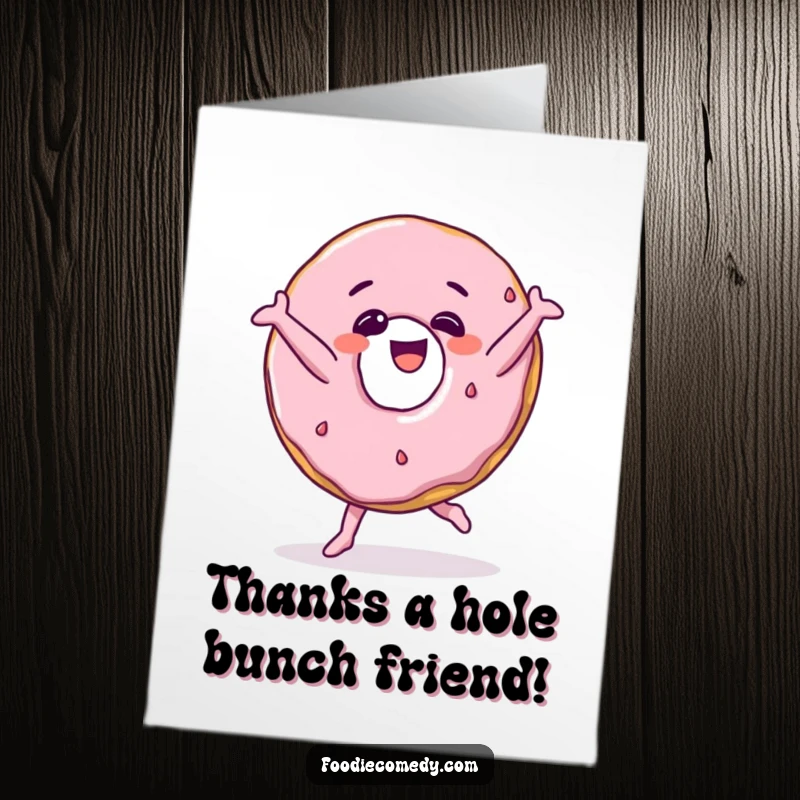 Free Printable thank you card: A cheerful donut giggling while executing a fun breakdance step. Unique downloadable appreciation.