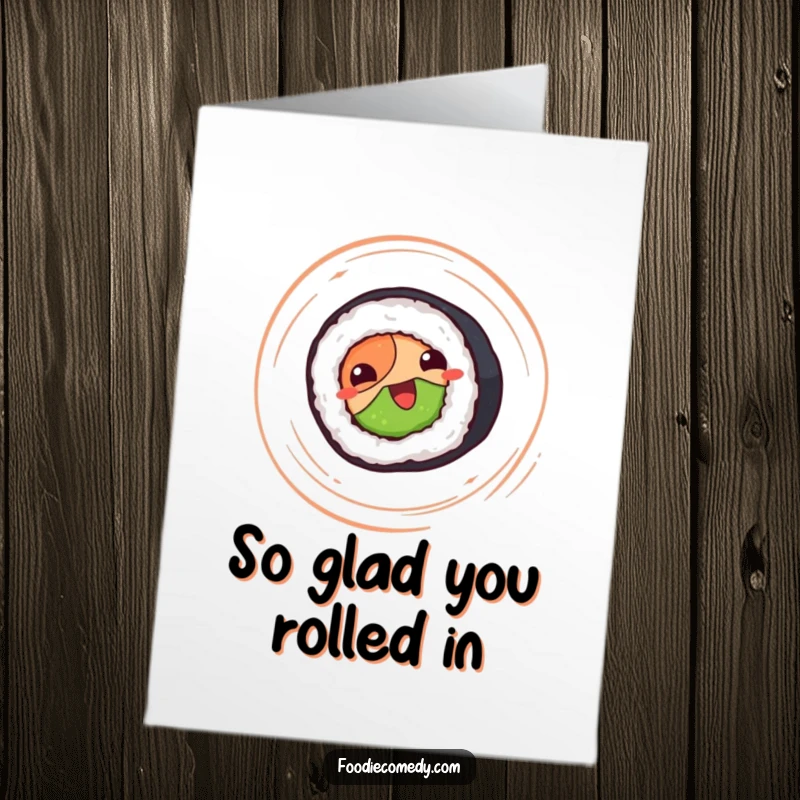 Funny Free Printable thank you card: A happy sushi roll doing enthusiastic spins, conveying thanks joyfully.