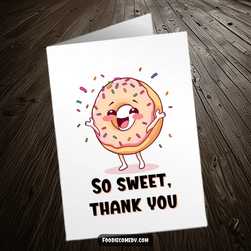 Funny Free Printable Thank You Card of a happy donut character juggling colorful sprinkles, conveying thanks with sugary delight.