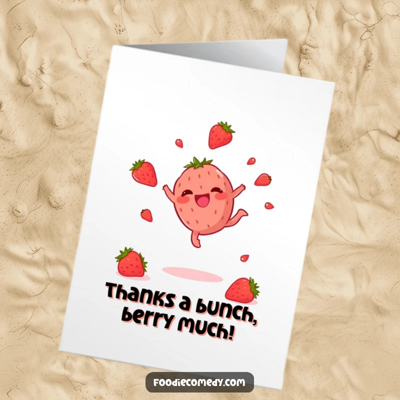 Funny Free Printable Thank You Card: A happy strawberry mid-cartwheel, expressing gratitude with seeds flying.