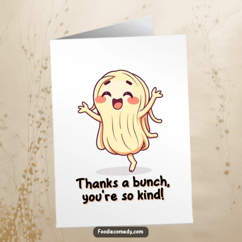 Funny free printable thank you card: a single noodle wiggling and dancing with pure joy.