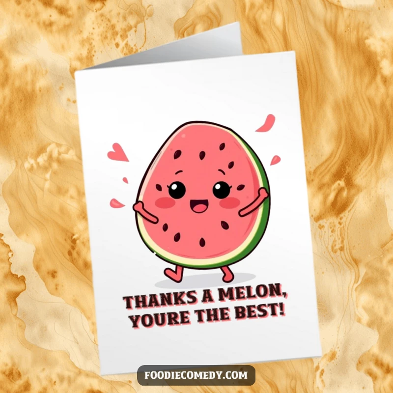 Funny Free Printable Thank You Card: A cool watermelon slice with seeds grooving to music, spreading good vibes and thanks.