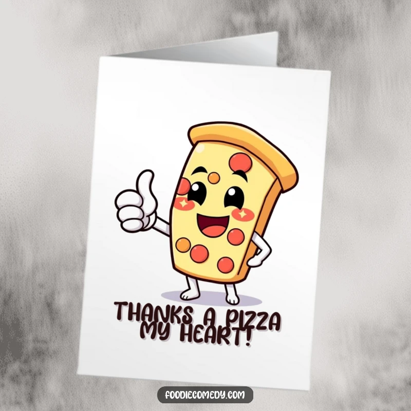 Funny free printable thank you card featuring a happy pizza slice character with a cheesy grin giving a thumbs-up.