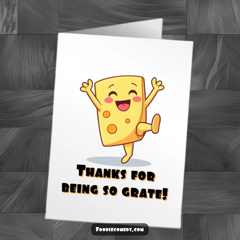 Free Printable thank you card: A happy cheese wedge celebrating with a dynamic high kick. Whimsical downloadable expression.