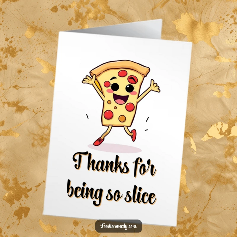 Funny Free Printable Thank You Card: A pizza slice with legs performs a dynamic breakdance move expressing thanks.
