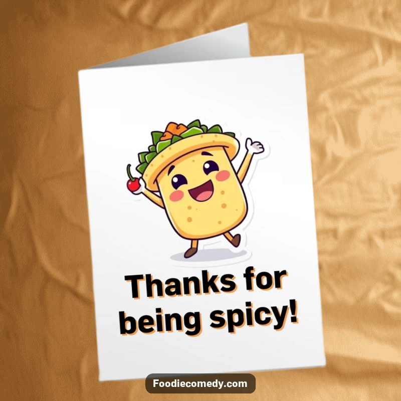 Funny Free Printable Thank You Card: A happy taco character doing a celebratory jig with a chili pepper, saying thanks.