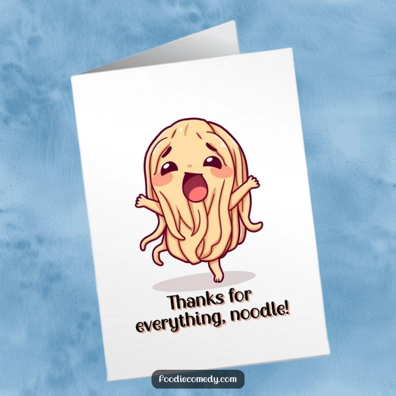 Funny Free Printable Thank You Card featuring a wiggling noodle doing a happy, thankful dance.