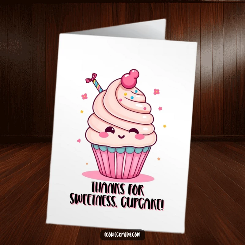 Funny Free Printable Thank You Card: Kawaii cupcake character blowing a party favor with pure glee and excitement.