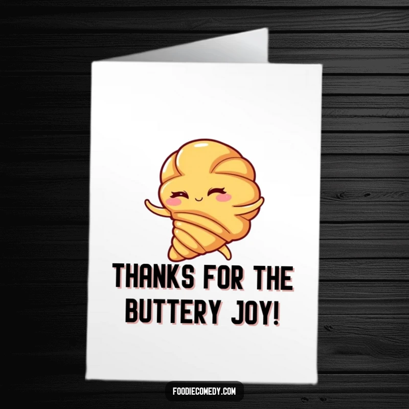 Funny free printable thank you card: A winking croissant gracefully swirls in a flamenco, expressing thanks.