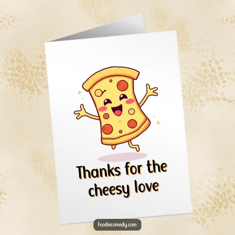 Funny Free Printable Thank You Card: A happy pizza slice doing the disco, sending cheesy thanks.