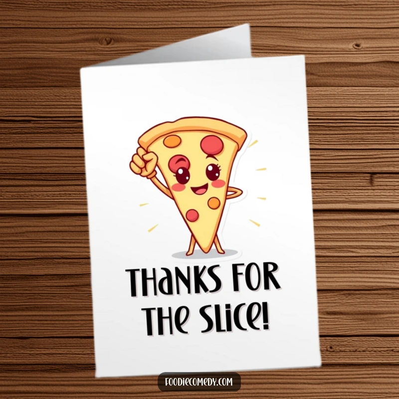 Funny Free Printable Thank You Card with a pizza slice hero striking a proud pose, ready to deliver thanks.