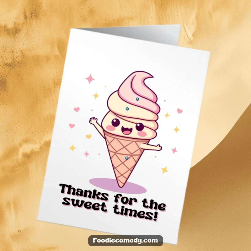 Funny Free Printable Thank You Card: Disco ice cream cone grooving to music, expressing thanks with joy.