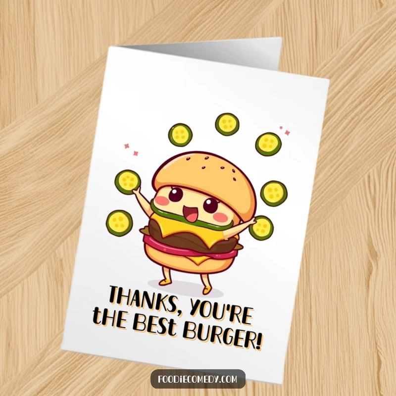 Funny Free Printable Thank You Card: Kawaii burger character energetically juggling pickle slices with a cheerful expression.