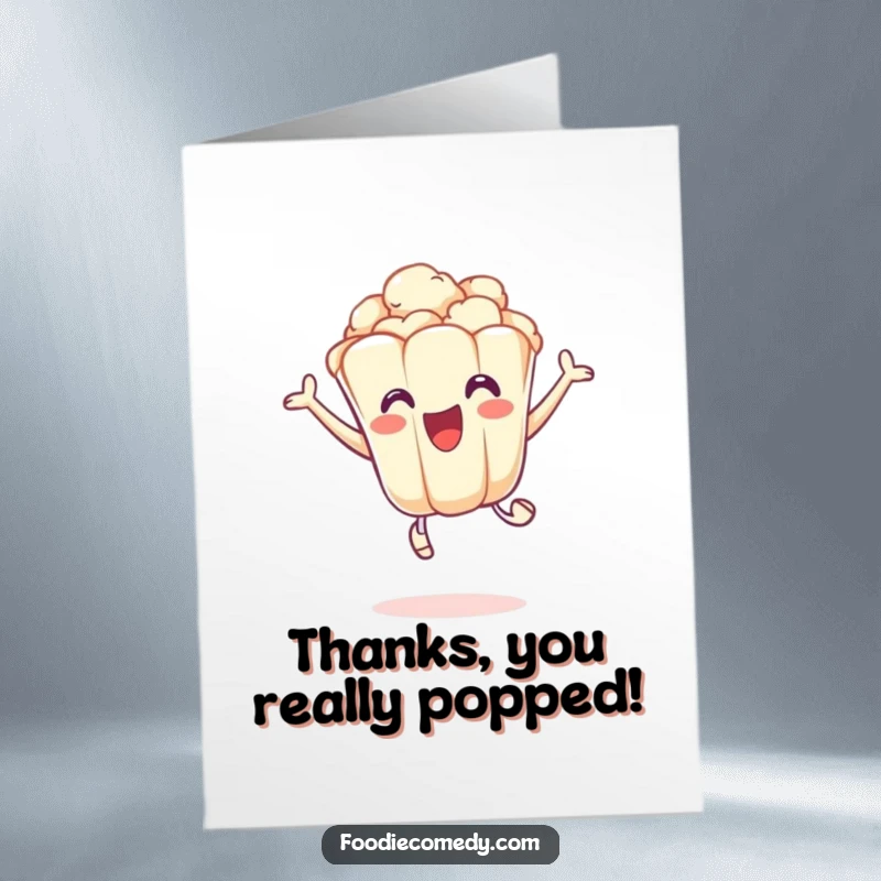 Funny Free Printable Thank You Card of an excited popcorn kernel doing a playful leap, expressing thanks with a burst of energy.