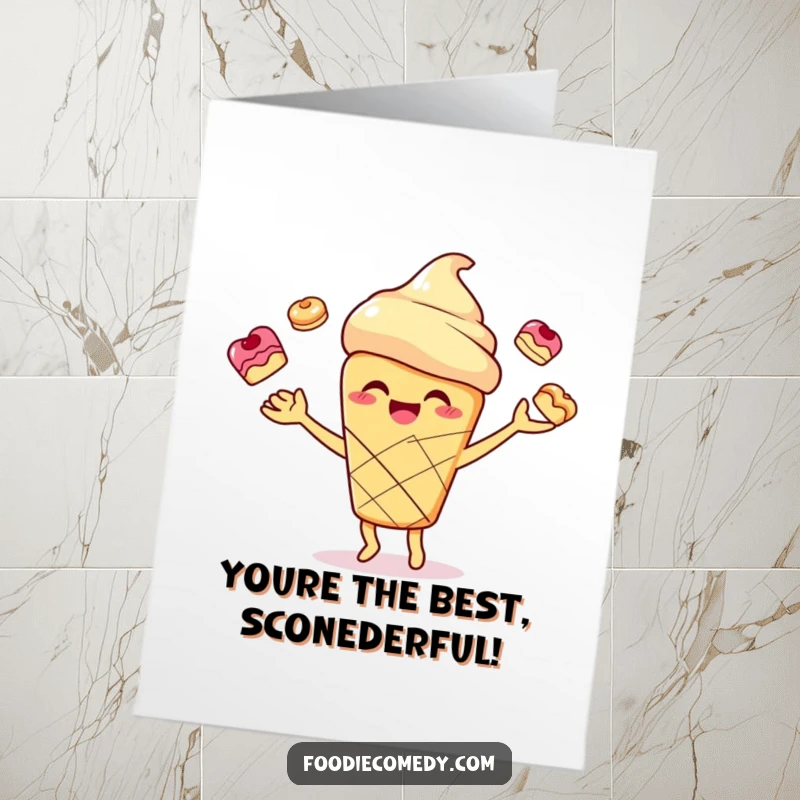 Funny Free Printable Thank You Card of a smiling scone character joyfully juggling pastries, expressing sweet gratitude.