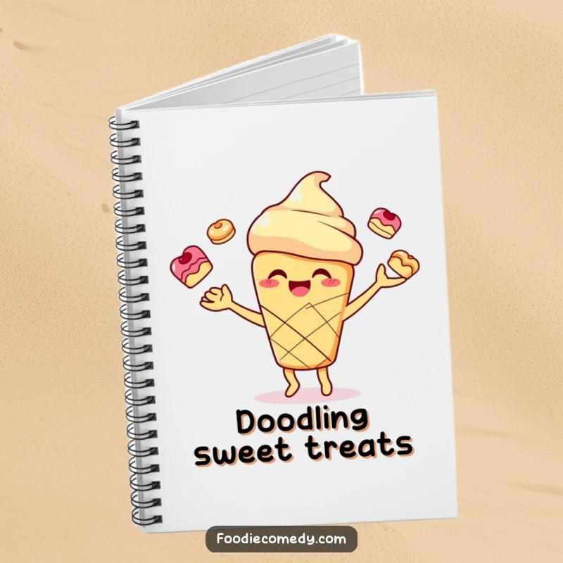 Funny smiling scone character joyfully juggling small pastries on a notebook cover, perfect for jotting down culinary ideas.