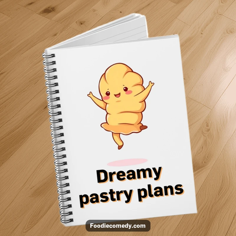 Funny croissant notebook featuring a jubilant croissant doing a graceful pirouette, ideal for jotting down notes with artistic flair.
