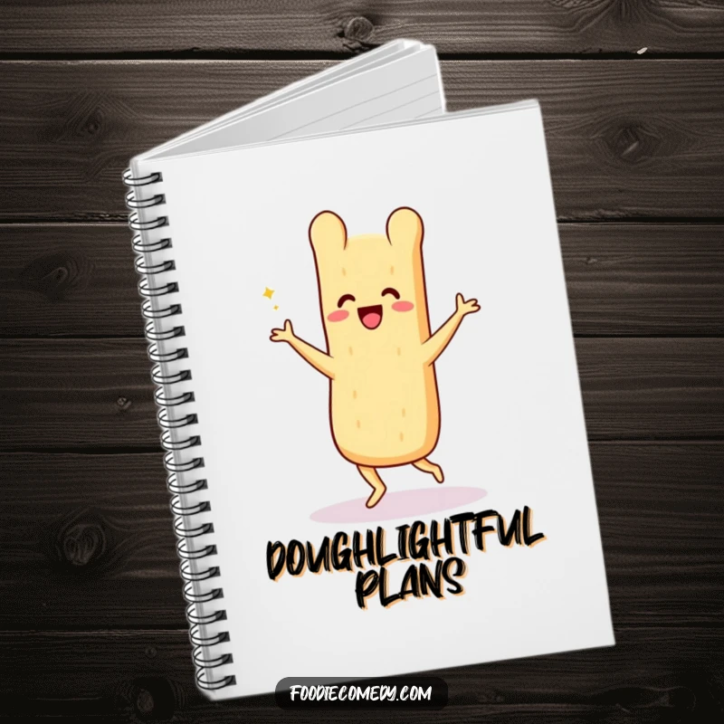 Funny baguette notebook, a beaming loaf doing the energetic Charleston, perfect for jotting down notes with retro charm.