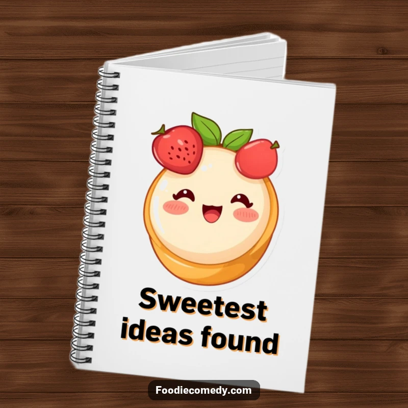 Funny fruit tart notebook, a cute dessert character blushing adorably, ready to hold your sweetest thoughts.