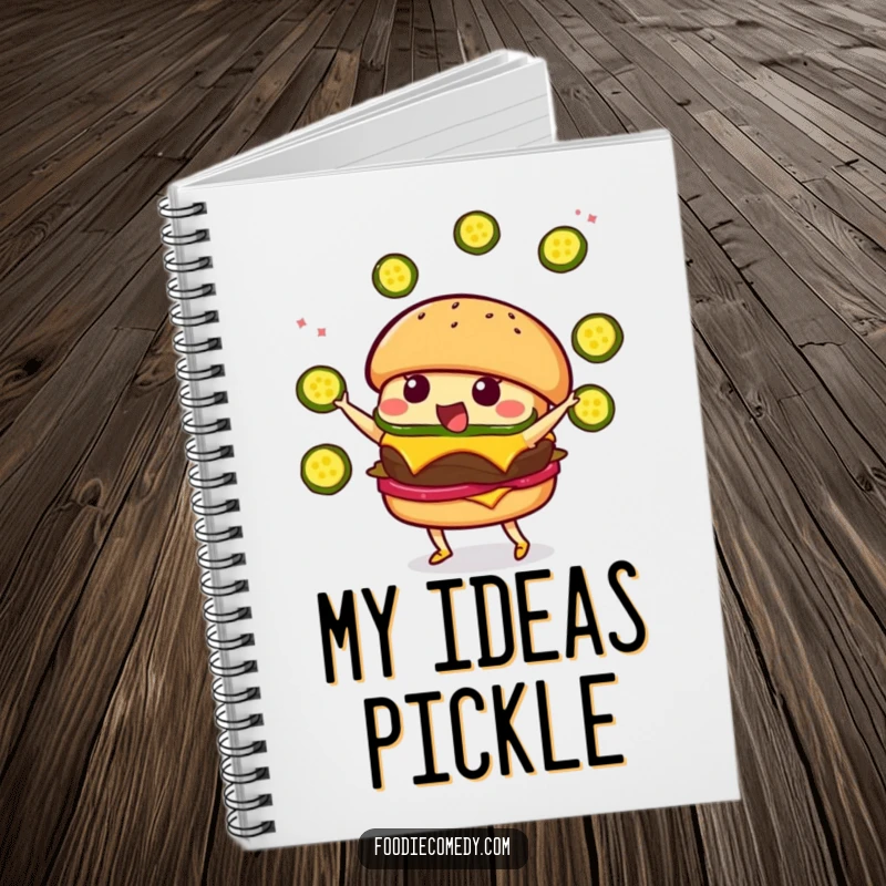 Funny Burger Juggling Notebook: A playful kawaii burger character juggling pickle slices, ready to capture your culinary thoughts.