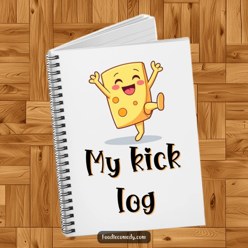 Funny smiling cheese wedge doing a high kick on a notebook cover, inspiring cheerful and humorous writing.
