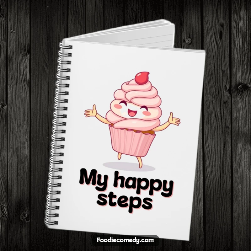 Funny notebook cover with a delighted cupcake hilariously dancing a whimsical folk dance, inspiring sweet notes.