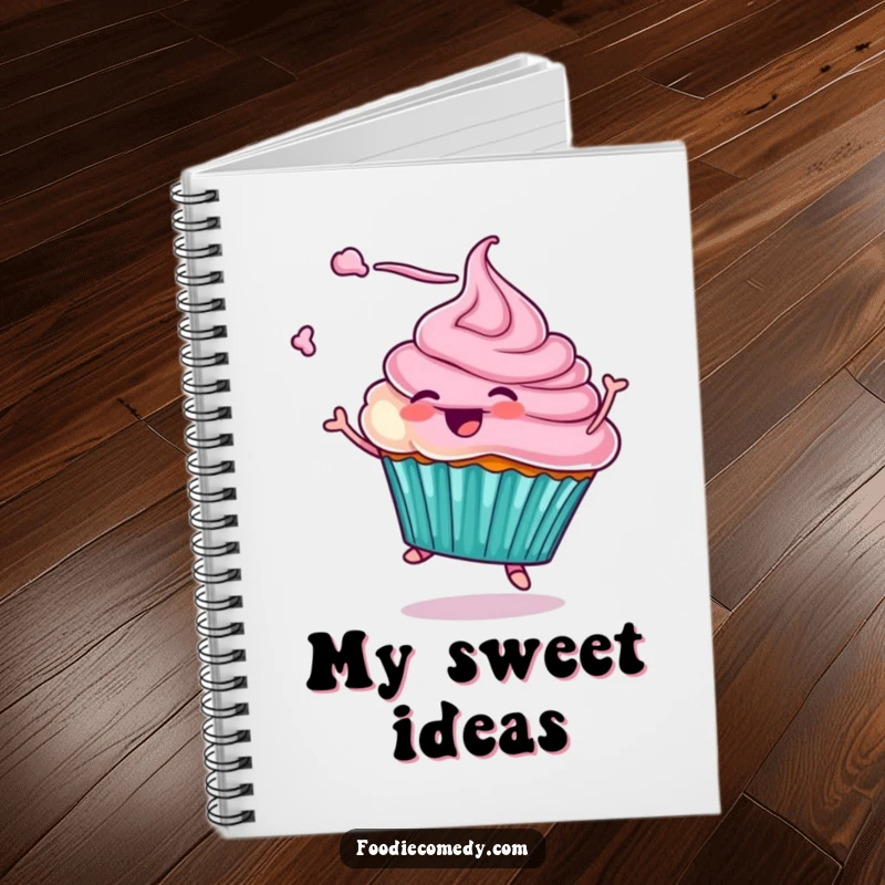 Funny notebook with a cover illustration of a cupcake character twirling with frosting flying, perfect for jotting down notes with a touch of sweetness. Great for daily journaling.