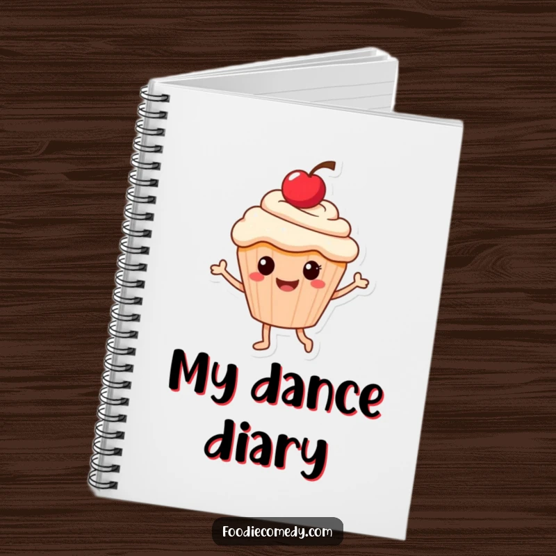 Funny notebook cover featuring a smiling cupcake with a cherry, dancing with joy, ready for all your notes.