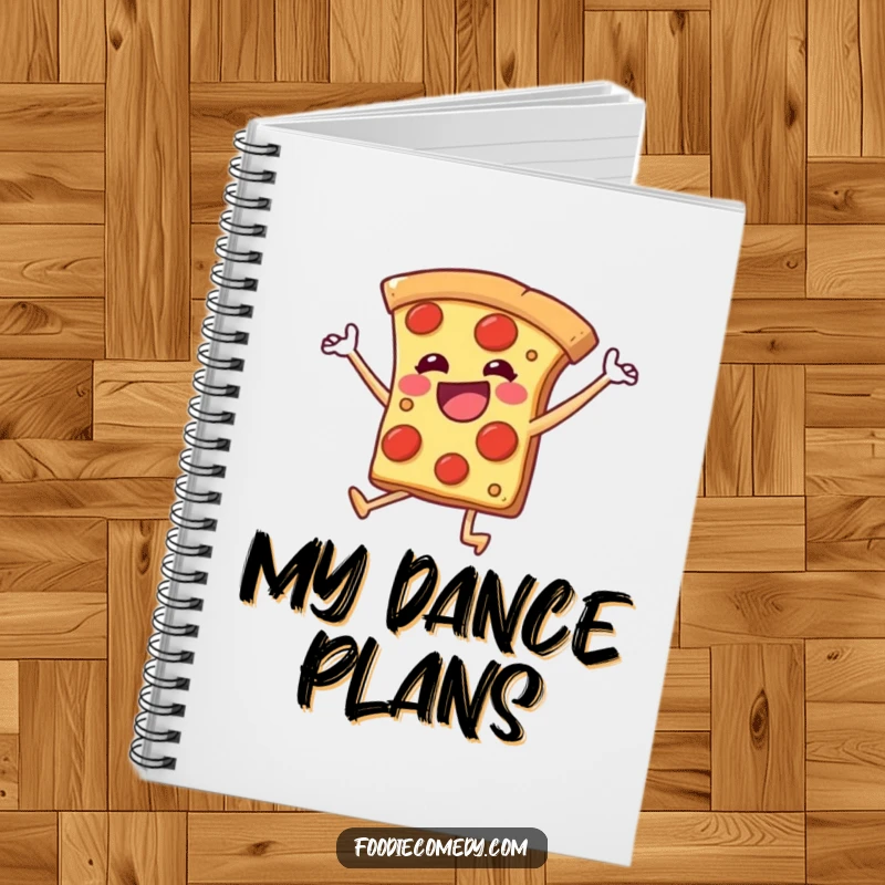 Funny notebook with a pizza slice with legs kicking joyfully, ideal for jotting down notes with energetic, humorous flair.