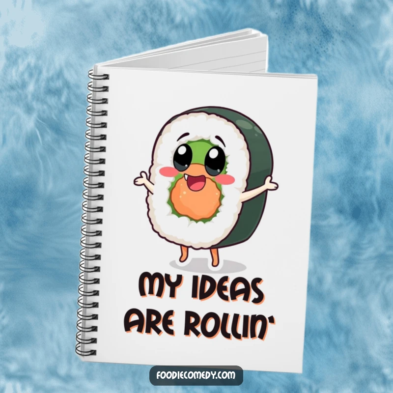 Funny sushi roll notebook with exaggerated happy eyes, ideal for writing notes and happy thoughts.