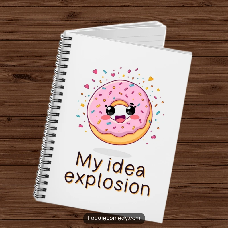 Funny notebook featuring a delighted donut character exploding with sugary confetti, ideal for creative writing and notes.