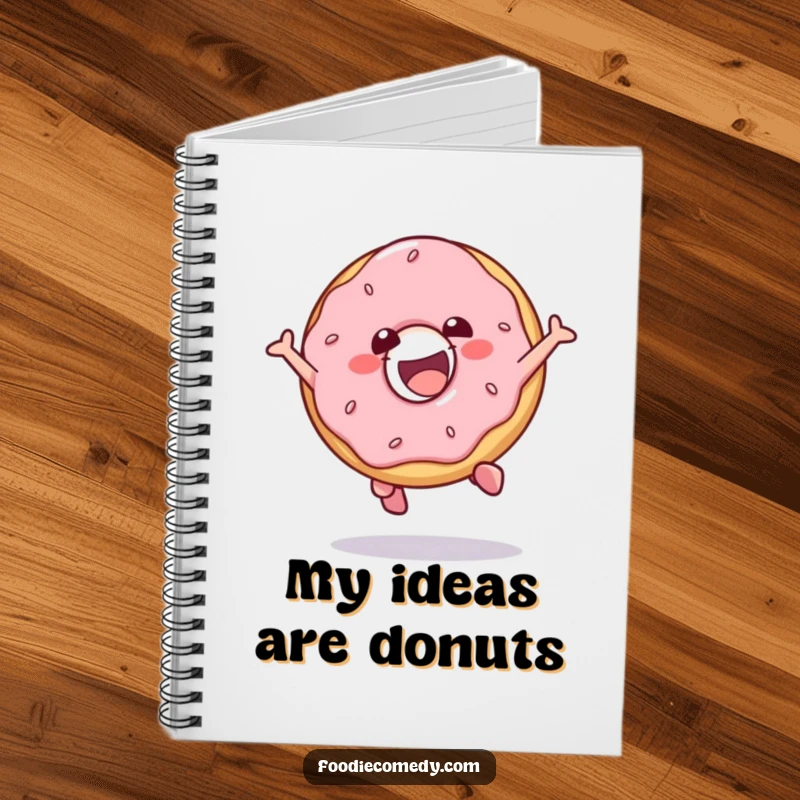 Funny notebook with a gleeful donut character doing a fun jump, perfect for jotting down ideas and creative thoughts.