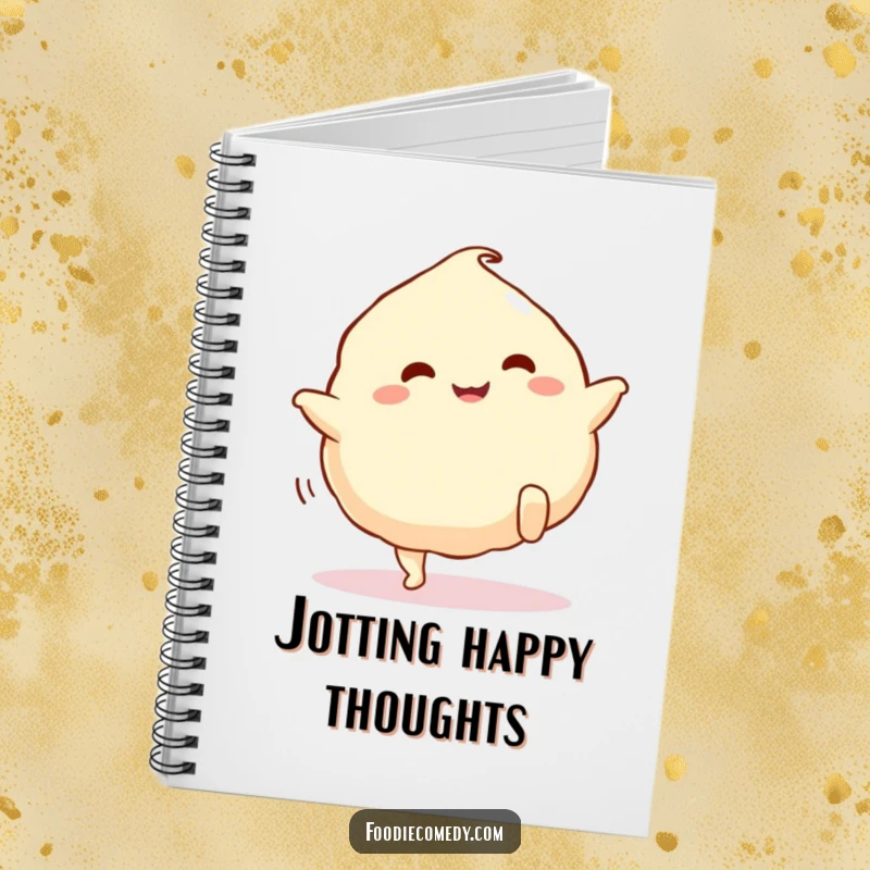 Funny dumpling notebook, featuring a cute cartoon dumpling with legs doing a happy kick, ideal for notes.