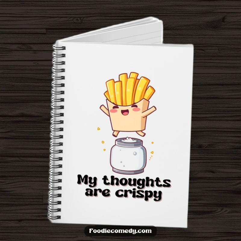 Funny French Fry Leap Notebook: A playful kawaii french fry character mid-leap over a salt shaker, ready to capture your thoughts.